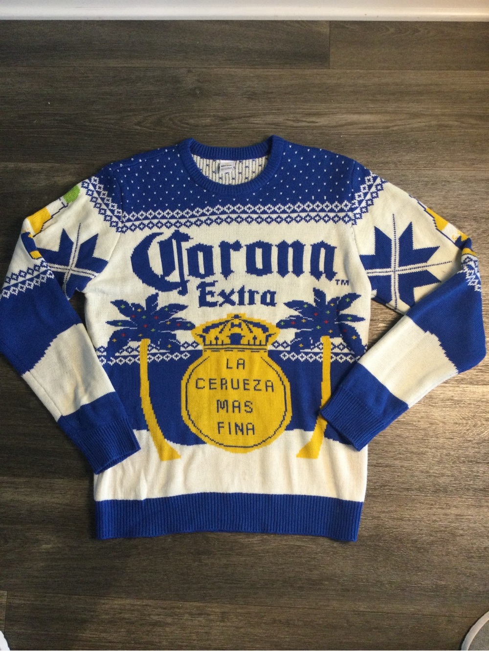 Corona Blue, White & Yellow Graphic Crewneck Sweater